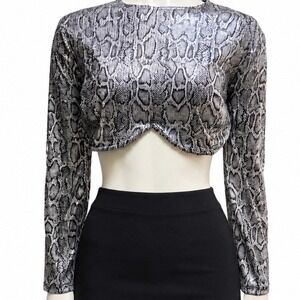 NEW The Sang Silver Snakeskin Sequin Crop Top Long Sleeve Back Zip 2X Party Glam